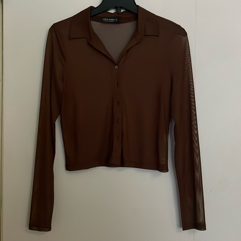 Brown mesh button up long sleeve